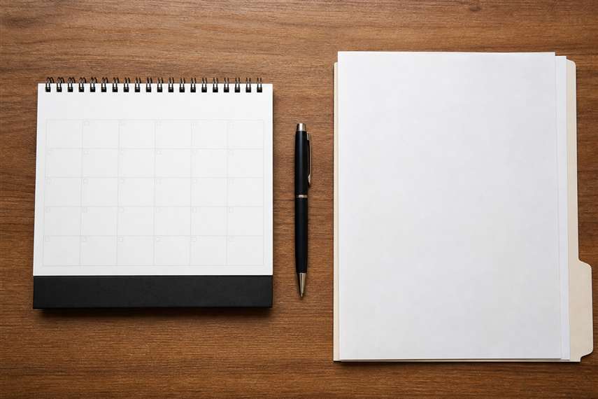 Calendário e documentos de veículo sobre mesa
