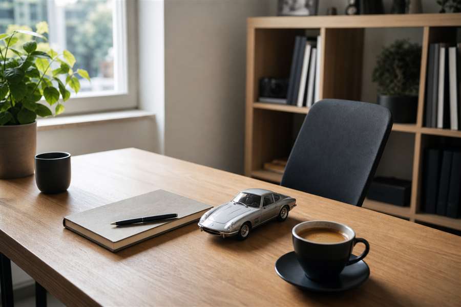 Mesa de trabalho com documentos e anotações sobre veículos